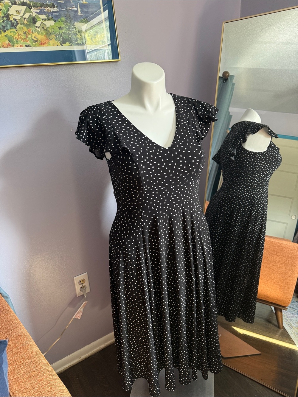Tommy Hilfiger Black Polka Dot V-Neck Midi Dress
